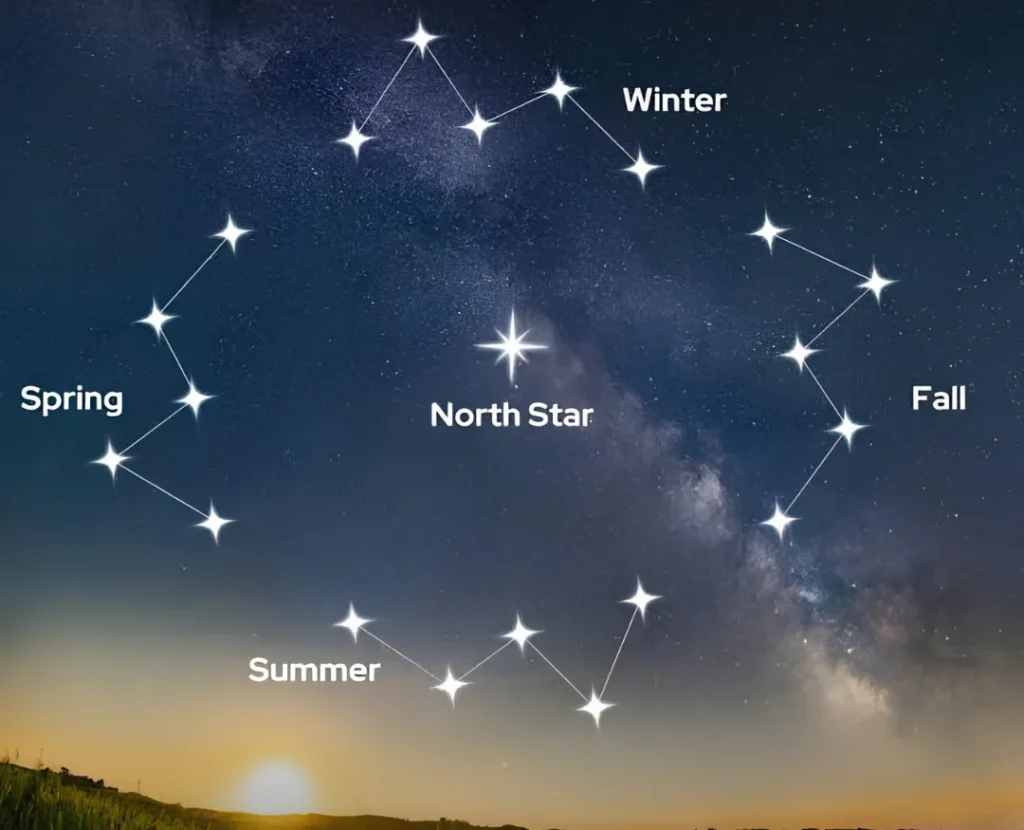 Cassiopeia shown in different seasonal positions around Polaris, the North Star