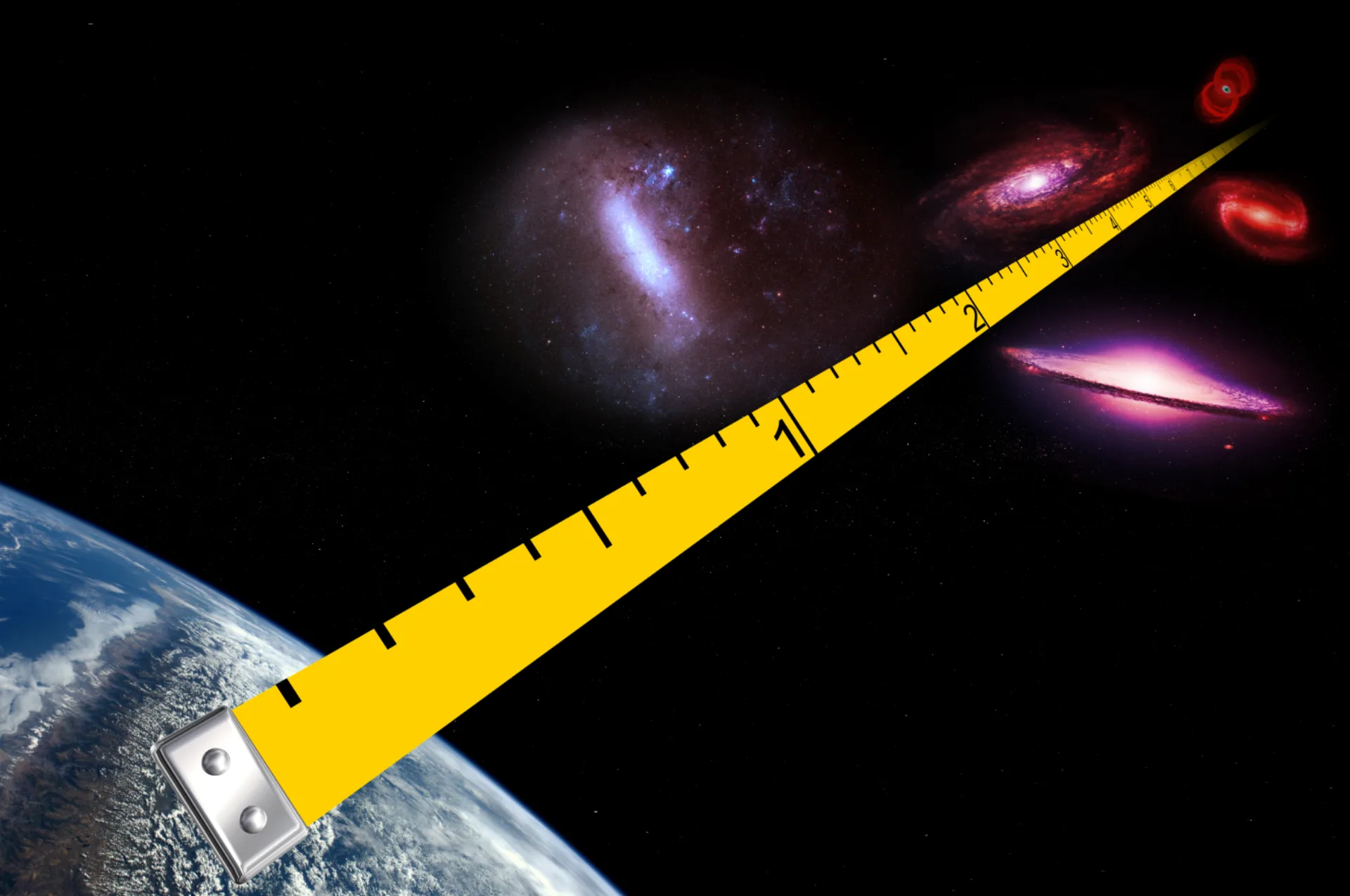 Illustration of Earth measuring the distance to stars and galaxies with a large tape measure extending into space