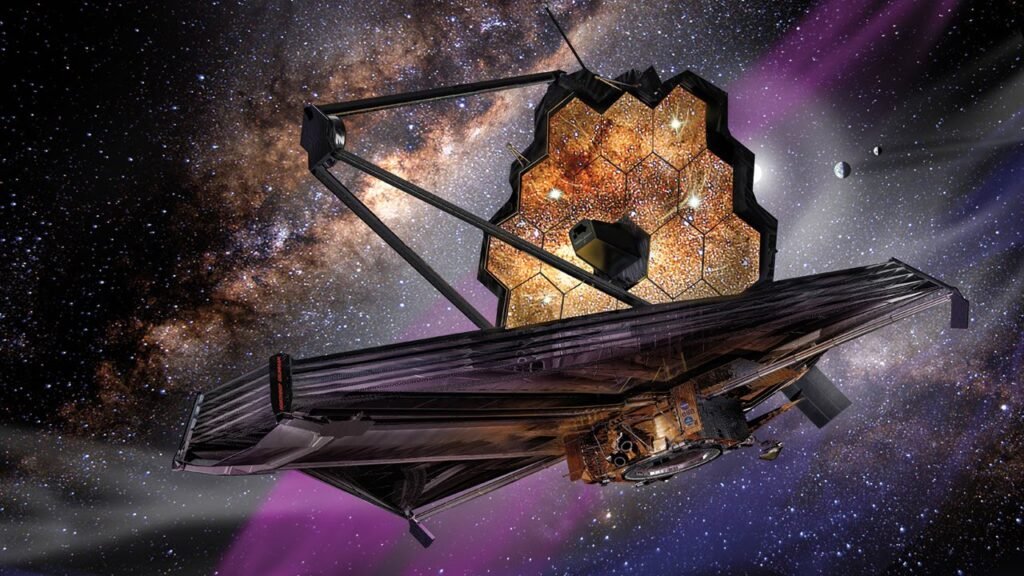 James Webb Space Telescope with its gold mirror observing the distant universe