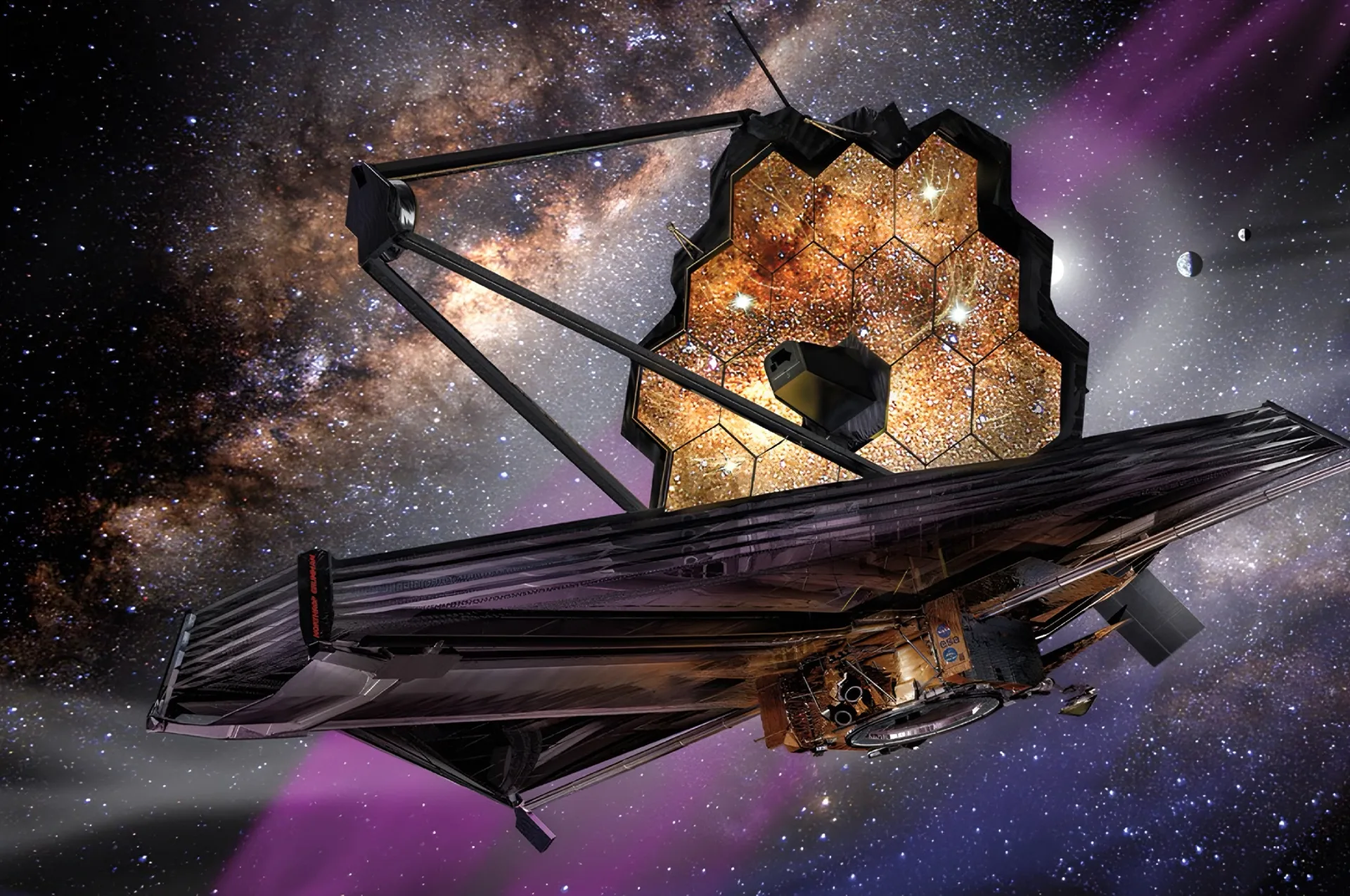 James Webb Space Telescope with its gold mirror observing the distant universe