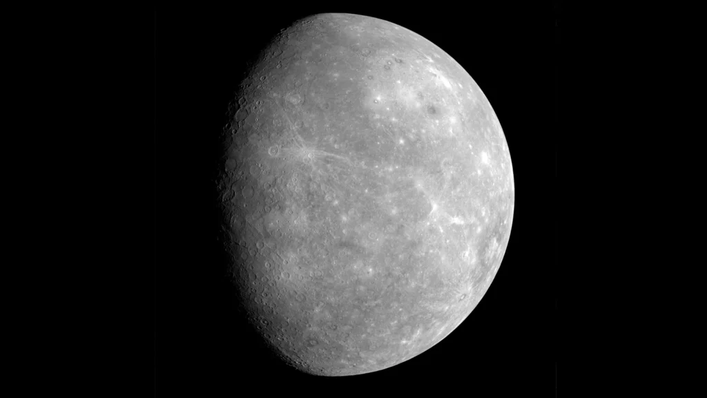Mercury illuminated against the darkness of space near greatest eastern elongation