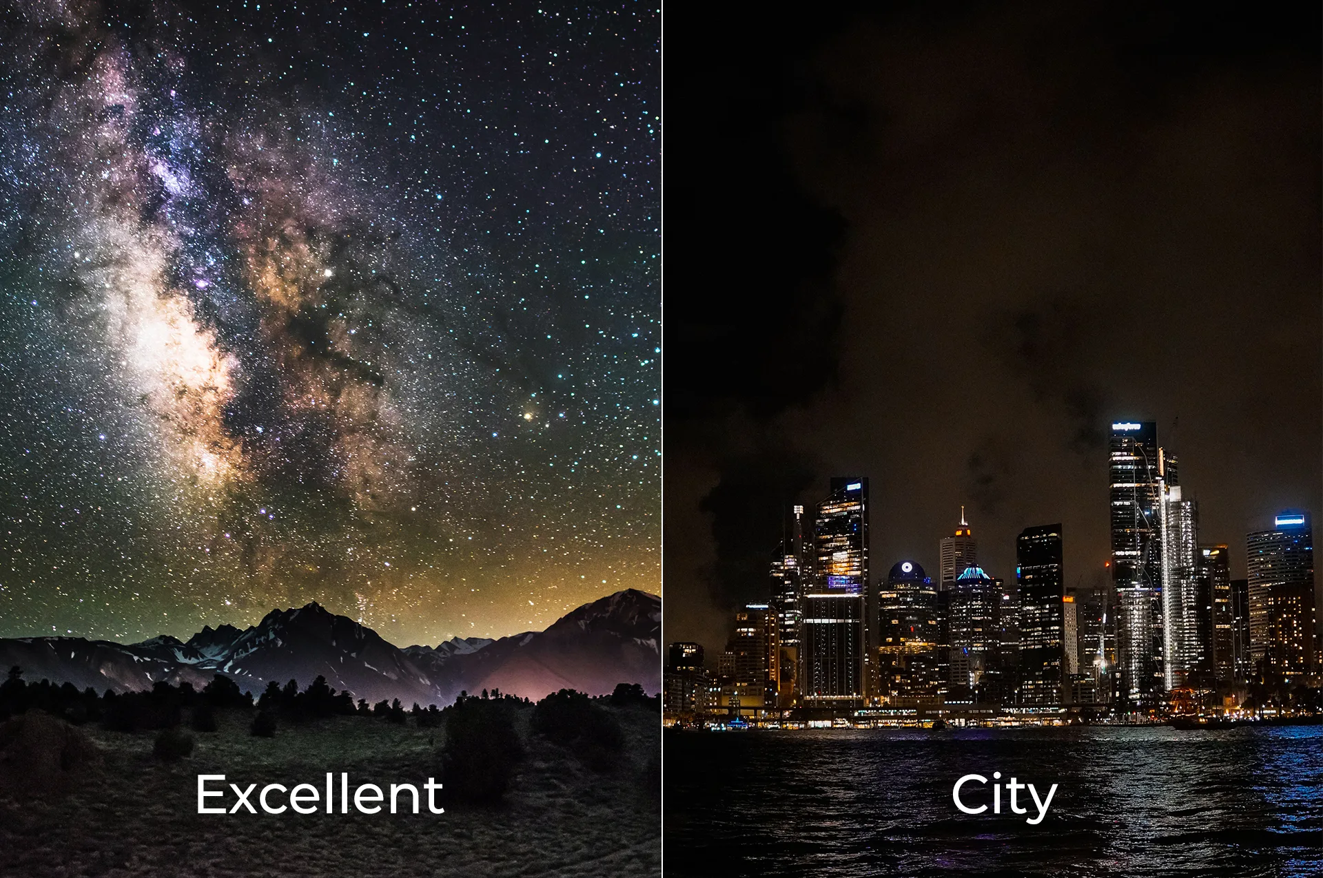 Comparison of a dark star-filled sky with the Milky Way and a brightly lit city affected by light pollution