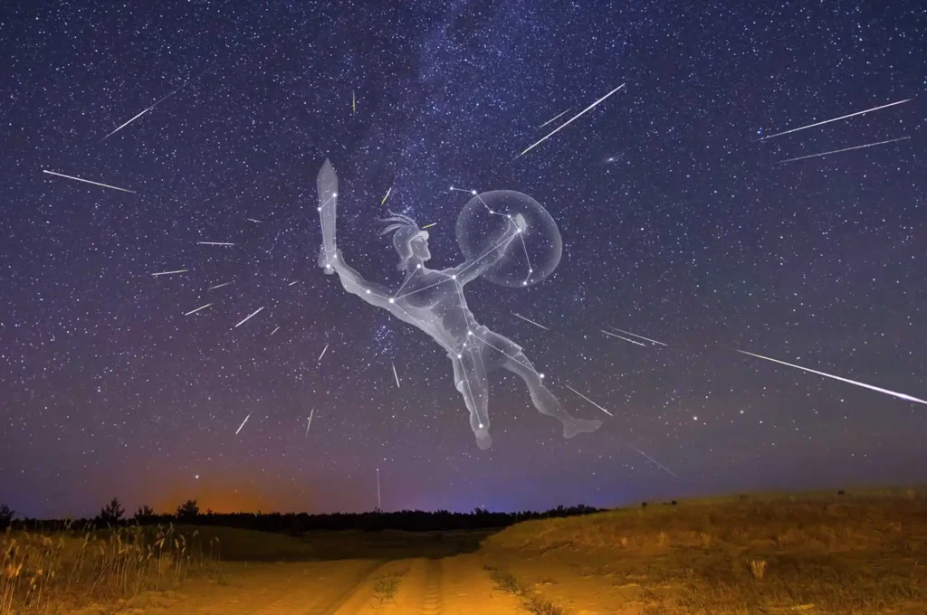 Orionid meteor shower streaking across the night sky around the Orion constellation