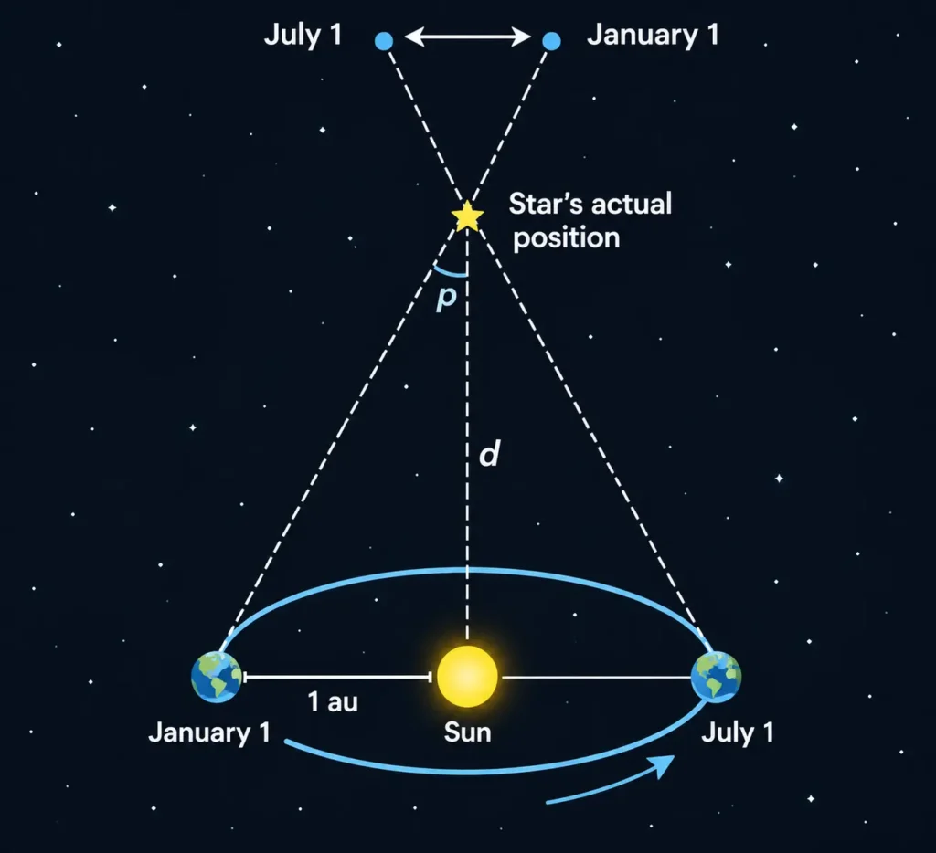 Stellar parallax diagram showing Earth at opposite sides of its orbit and the apparent shift of a nearby star