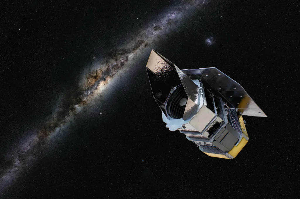 Artist’s concept of NASA’s Nancy Grace Roman Space Telescope observing the Milky Way