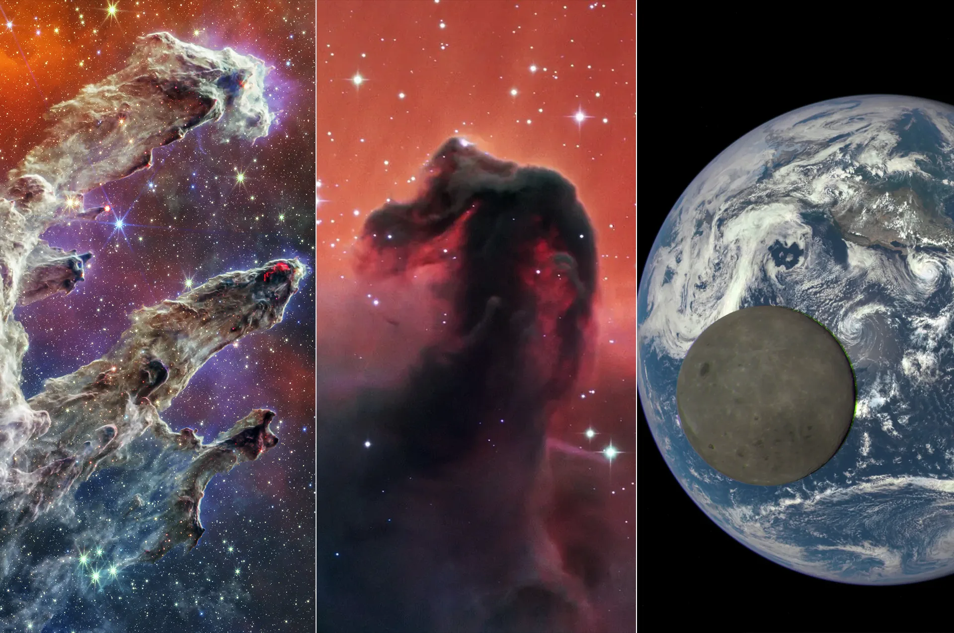 Real space photos showing the Pillars of Creation, Horsehead Nebula and Earth with the Moon from deep space