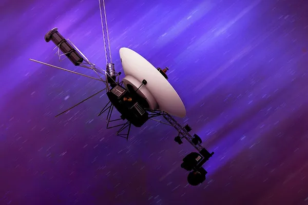 Voyager 1 spacecraft traveling through deep space with its large antenna dish visible