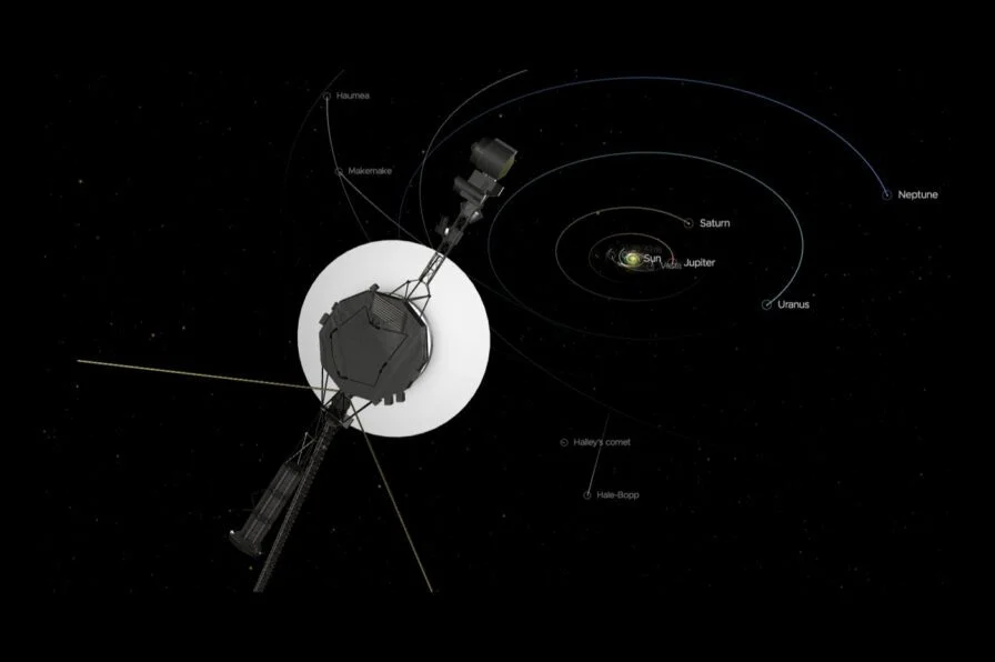 Voyager 1 spacecraft shown beyond the outer planets on its path out of the Solar System