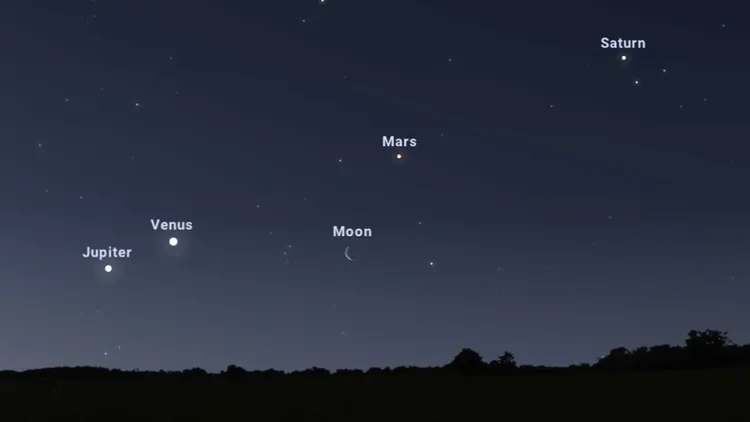 Venus, Mars, Jupiter, Saturn and the Moon visible together in the night sky