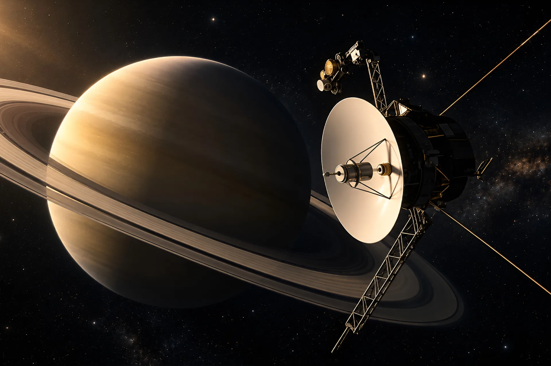 Voyager 1 spacecraft flying near Saturn with the planet’s rings visible behind it