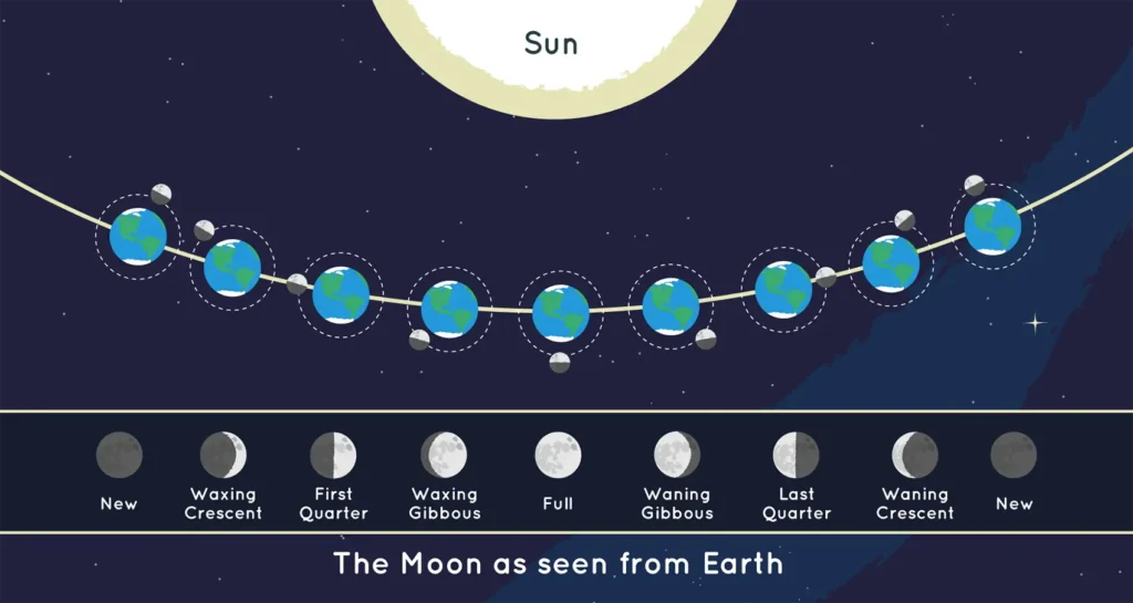 Moon phases showing the lunar cycle from new Moon to full Moon and back