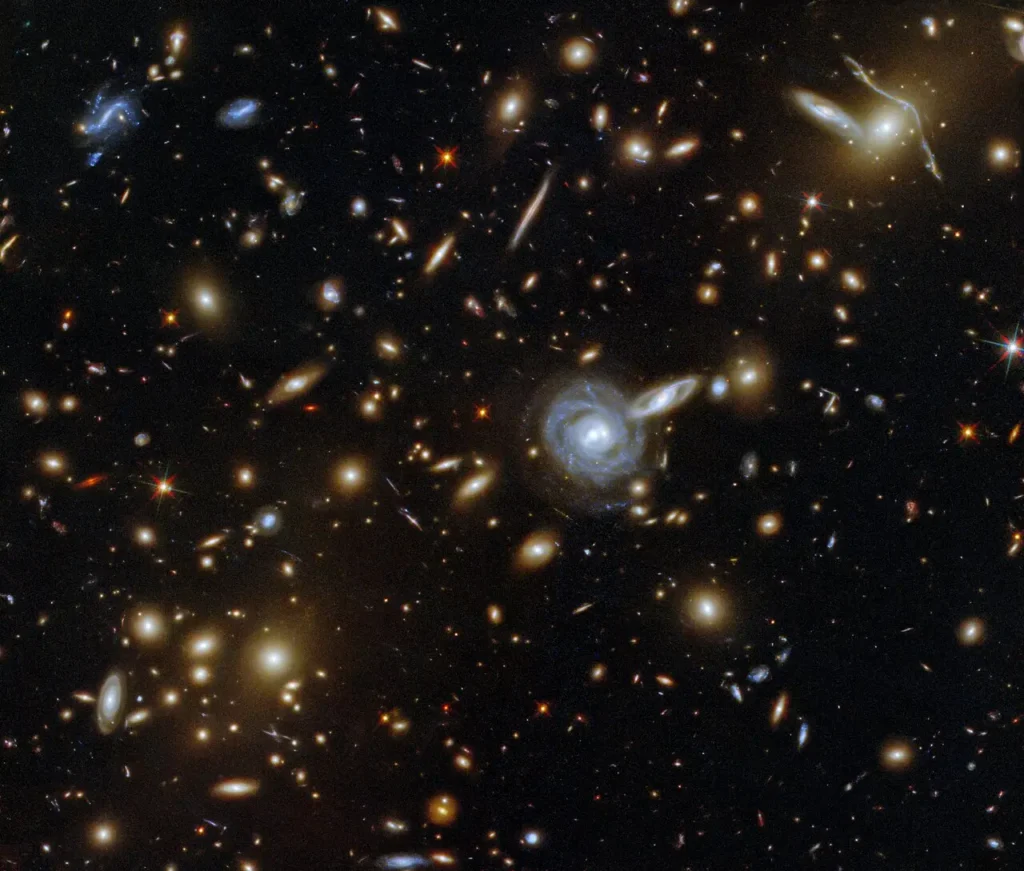 Distant galaxies and galaxy clusters whose motions and lensing help reveal the presence of dark matter