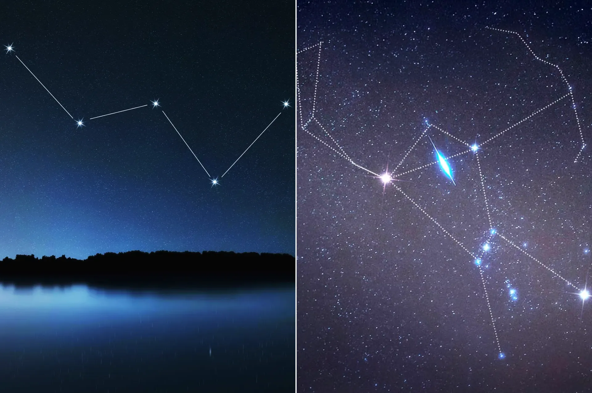 Cassiopeia and Orion constellations outlined side by side in the October night sky