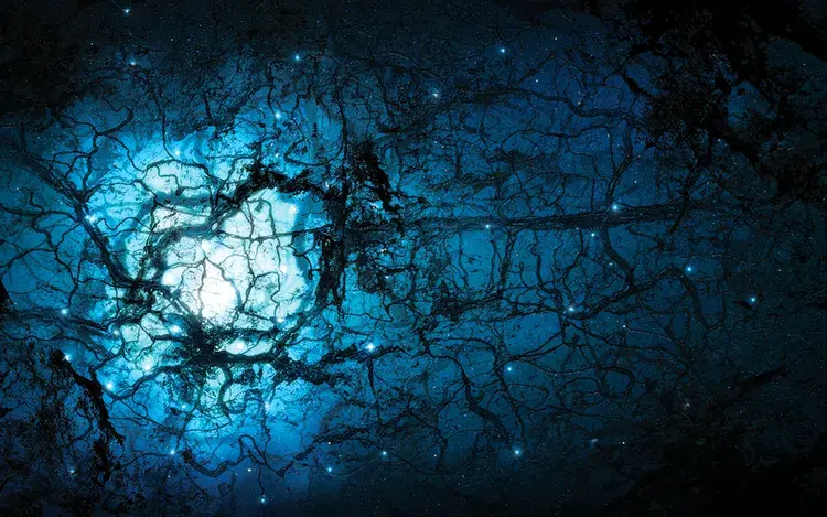 Artistic visualization of dark energy and the large-scale structure of the universe glowing across deep space
