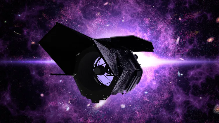 Nancy Grace Roman Space Telescope illustrated against a backdrop of distant galaxies and cosmic light