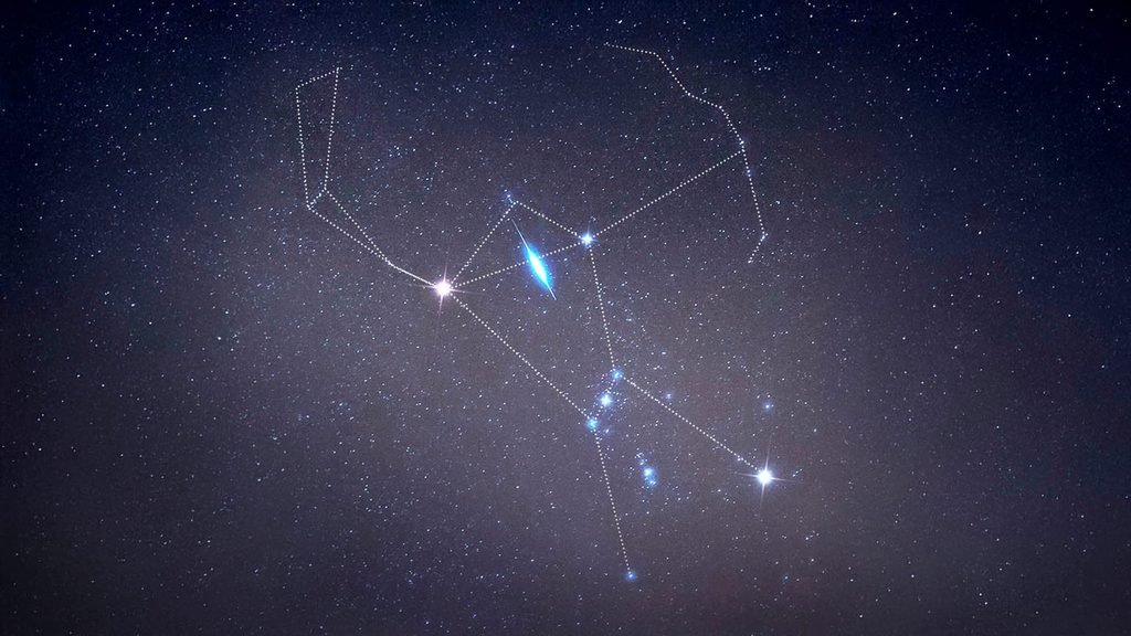 Orion constellation outlined in the night sky, showing Orion’s Belt and its surrounding bright stars