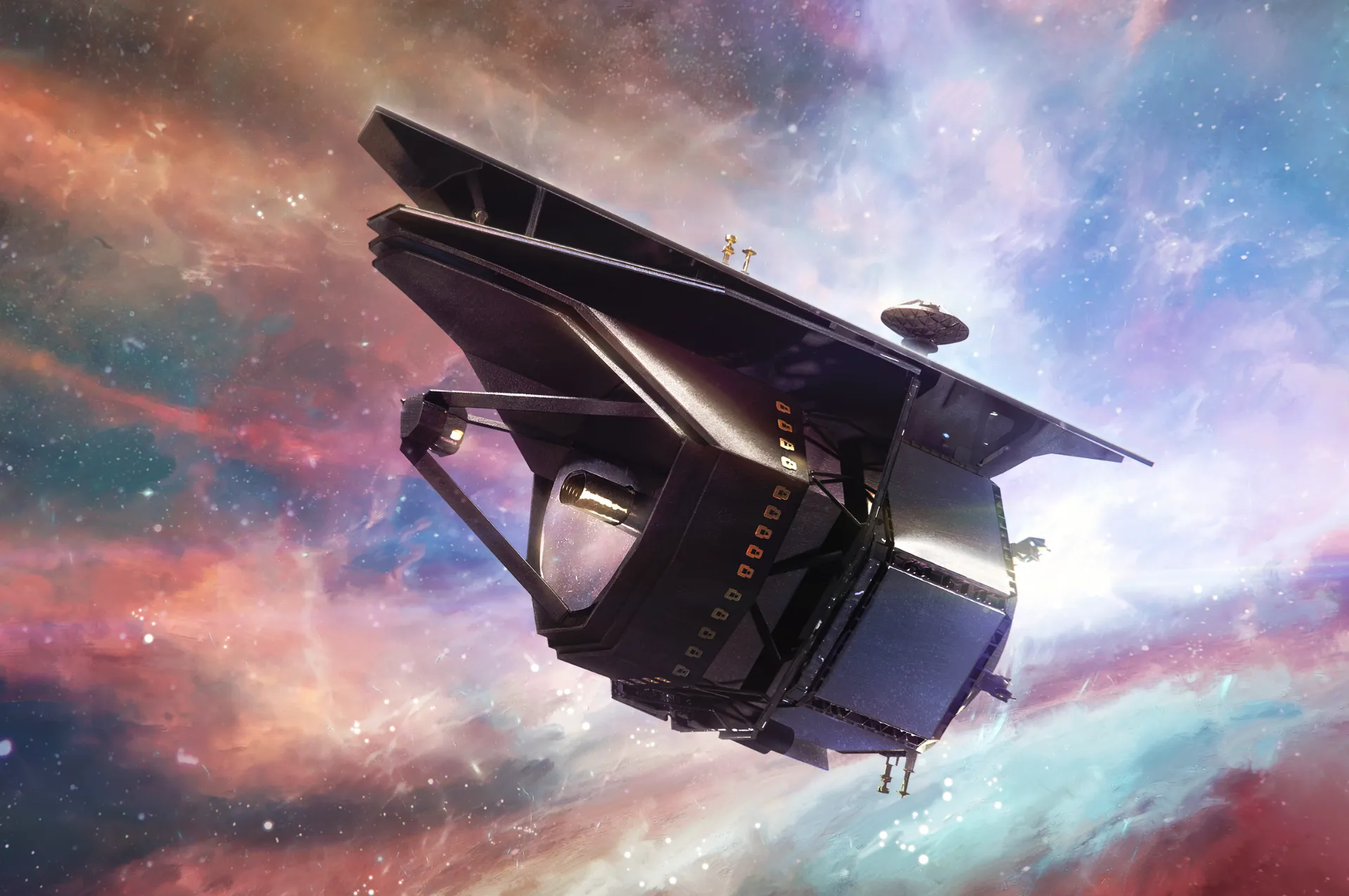 Artist’s concept of NASA’s PRIMA far-infrared space telescope operating against a colorful deep-space background