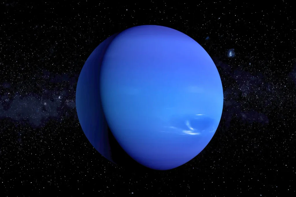 Neptune appearing deep blue against a star-filled background
