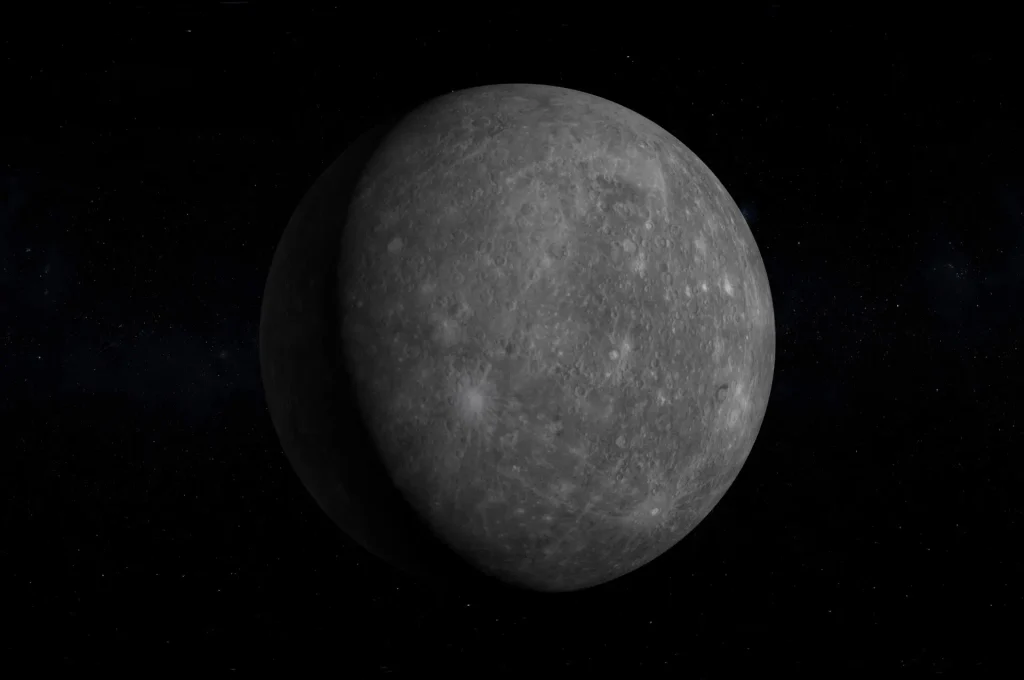 Mercury showing its gray cratered surface against the darkness of space