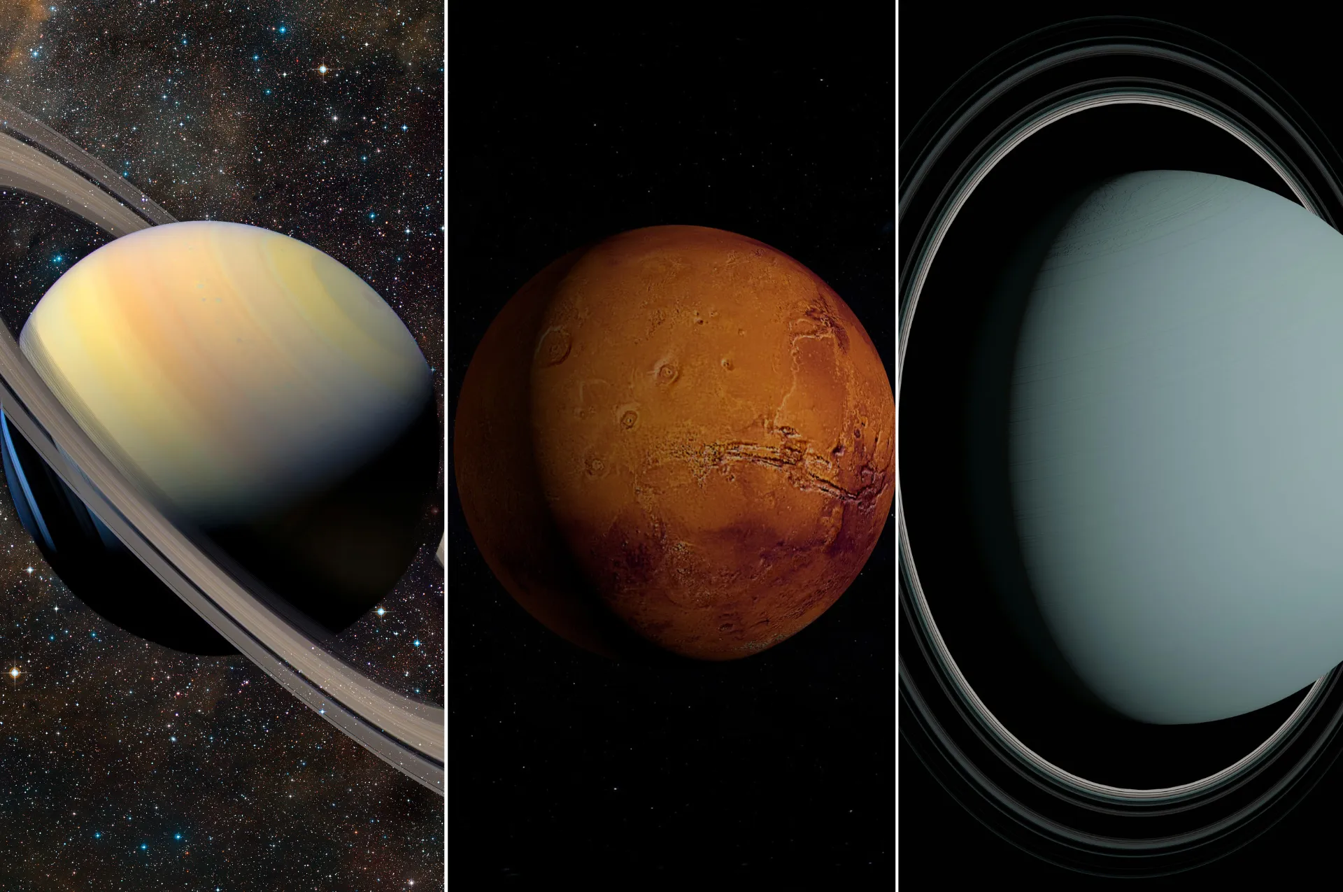 Saturn, Mars and Uranus shown together against space for an October 2026 planets viewing guide
