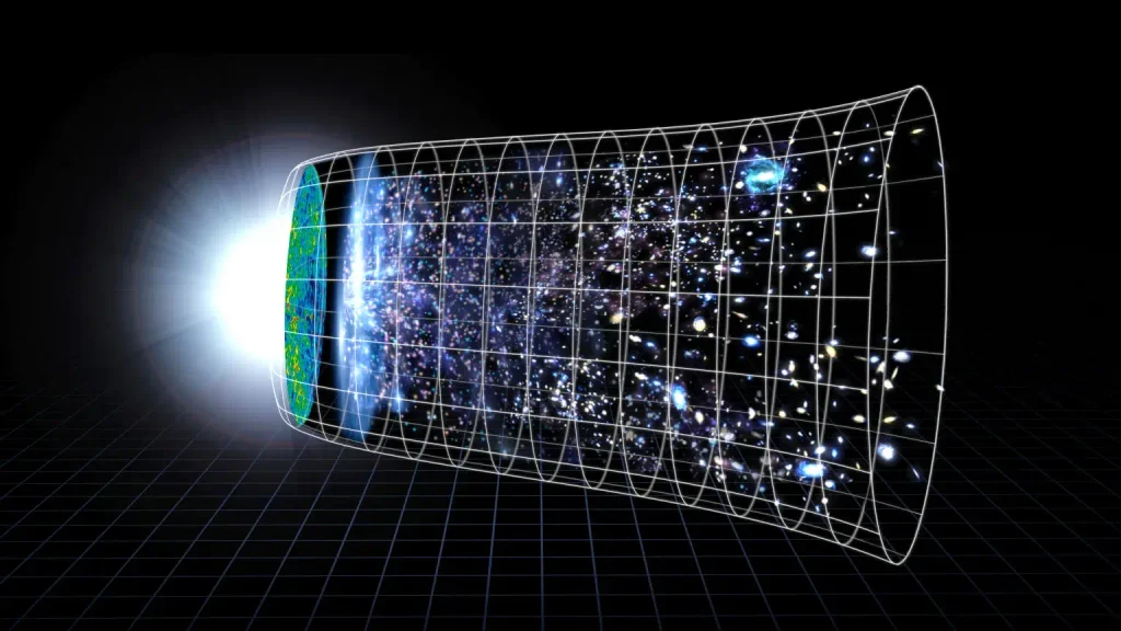Illustration of the expanding universe showing galaxies spreading farther apart as space expands