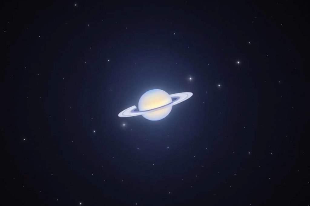 Saturn and its rings visible against a dark star-filled sky