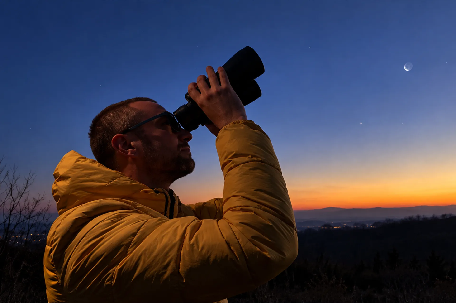 Man stargazing with binoculars at twilight with the Moon visible in the sky