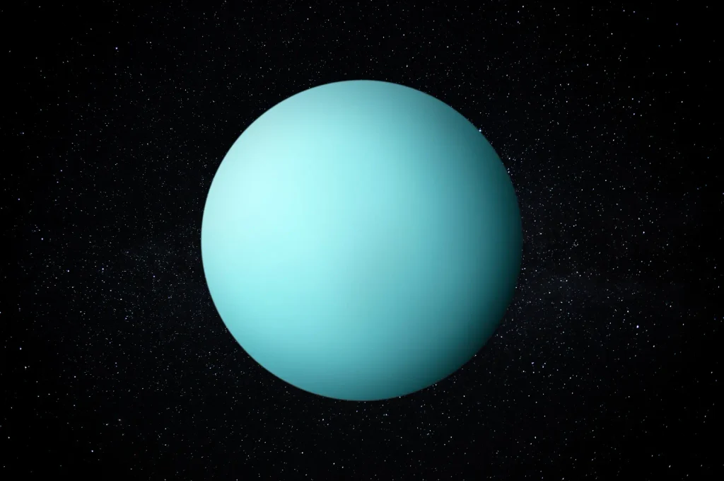 Uranus appearing pale blue-green against a star-filled background
