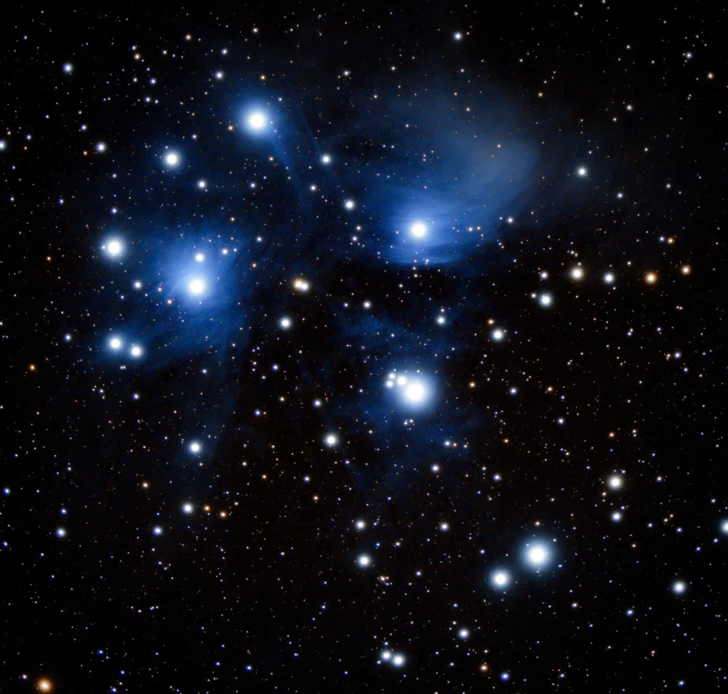 Pleiades star cluster in Taurus surrounded by blue reflection nebulae and a dense field of stars
